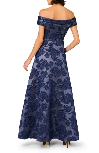 Aidan Mattox Floral Jacquard Off The Shoulder Gown In Blue