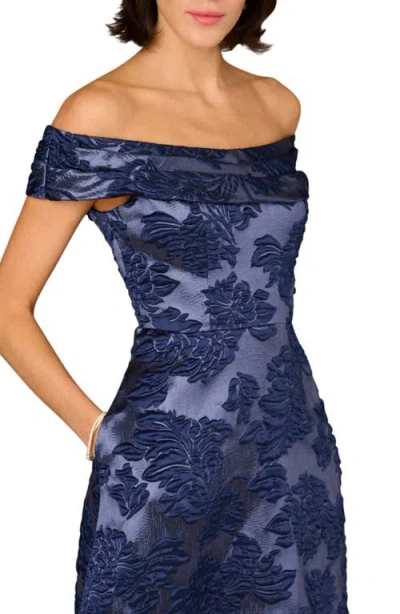 Aidan Mattox Floral Jacquard Off The Shoulder Gown In Blue