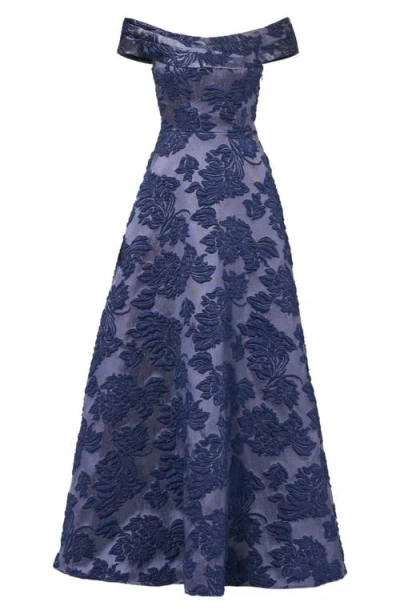 Aidan Mattox Floral Jacquard Off The Shoulder Gown In Blue