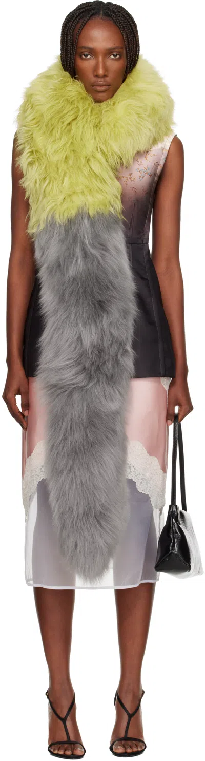 Marni Green & Gray Bicolor Lamb Fur Scarf In Yellow