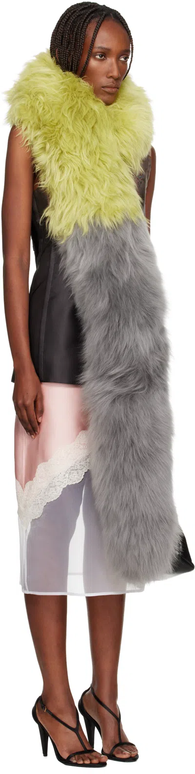 Marni Green & Gray Bicolor Lamb Fur Scarf In Yellow