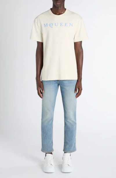 Alexander Mcqueen Men Cotton T-shirt With A Flocked Logo Printed In Pattern