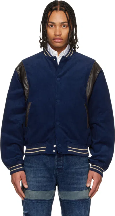 We11 Done Navy Leather Point Stadium Jacket In Blue