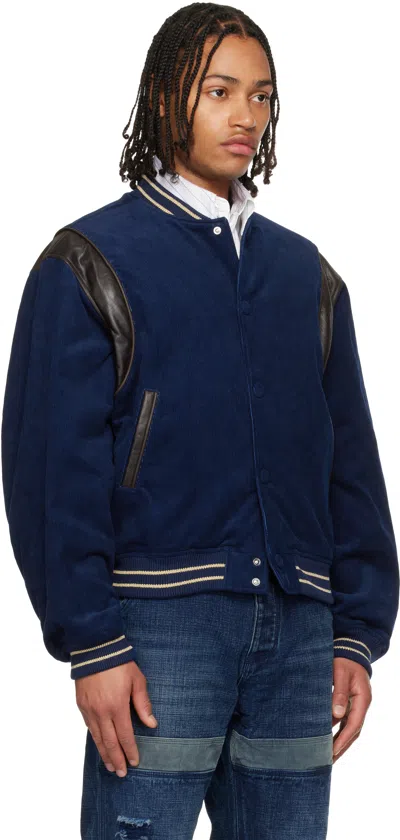 We11 Done Navy Leather Point Stadium Jacket In Blue