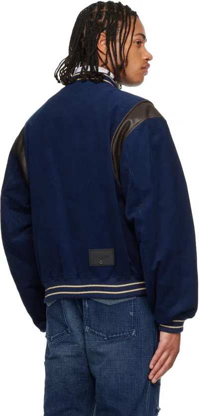 We11 Done Navy Leather Point Stadium Jacket In Blue