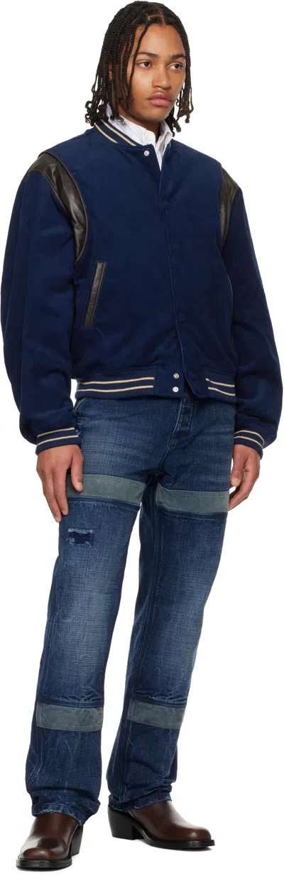 We11 Done Navy Leather Point Stadium Jacket In Blue