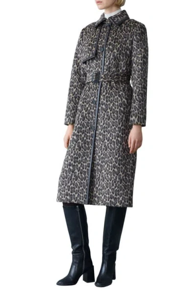 Mackage Zeva-a Leopard Pattern Wool Blend & Leather Trench Coat In Gray