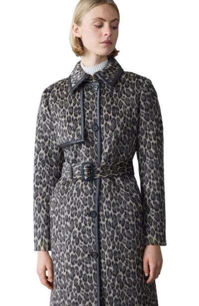Mackage Zeva-a Leopard Pattern Wool Blend & Leather Trench Coat In Gray