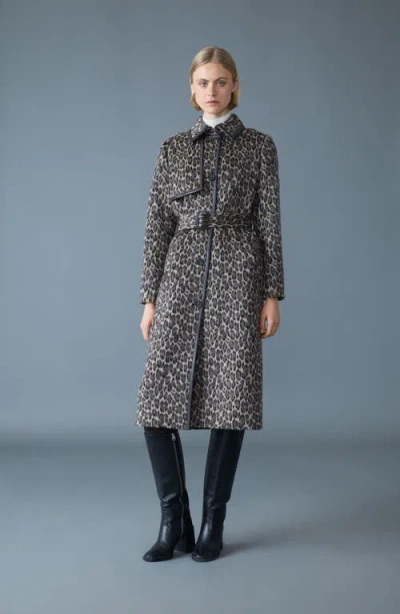 Mackage Zeva-a Leopard Pattern Wool Blend & Leather Trench Coat In Gray