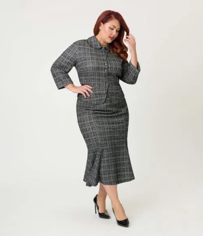 Unique Vintage Plus Size Boucle Peplum Jacket In Gray