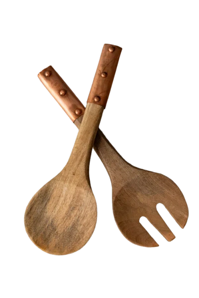 Coppermill Kitchen Vintage Inspired Wood Serving Utensils With Copper Strap Handles In Brown