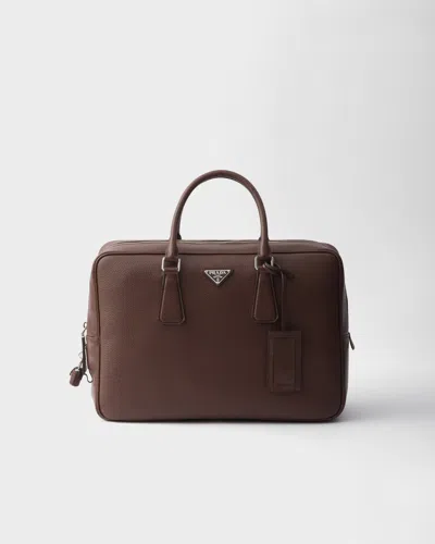 Prada Triangle Logo Leather Briefcase In Brown