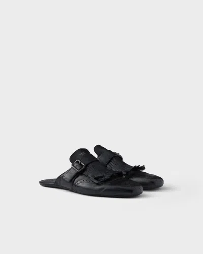Prada Shuffle Antiqued Leather Mules With Buckled Strap And Fringe In Multi