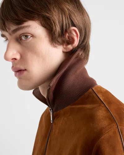 Prada Suede Blouson Jacket In Brown