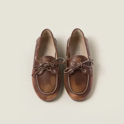 Miu Miu Leather Lace Up Loafers In Brown