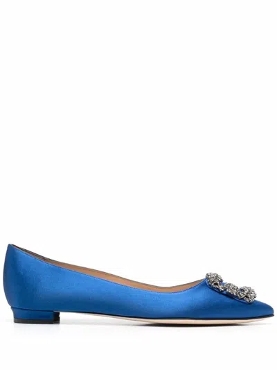 Manolo Blahnik Hangisi Crystal-embellished Satin Point-toe Flats In Blue