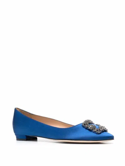 Manolo Blahnik Hangisi Crystal-embellished Satin Point-toe Flats In Blue