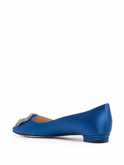 Manolo Blahnik Hangisi Crystal-embellished Satin Point-toe Flats In Blue