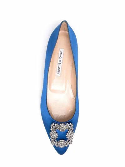 Manolo Blahnik Hangisi Crystal-embellished Satin Point-toe Flats In Blue