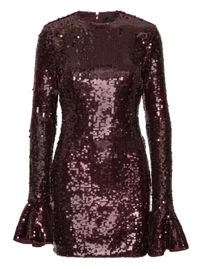 Rotate Birger Christensen Bordeaux Sequin Crewneck Mini Dress With Flared Sleeves In Tech Fabric Stretch Woman In Burgundy