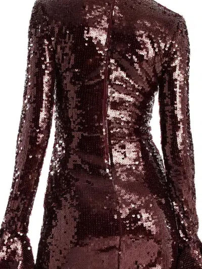 Rotate Birger Christensen Bordeaux Sequin Crewneck Mini Dress With Flared Sleeves In Tech Fabric Stretch Woman In Burgundy