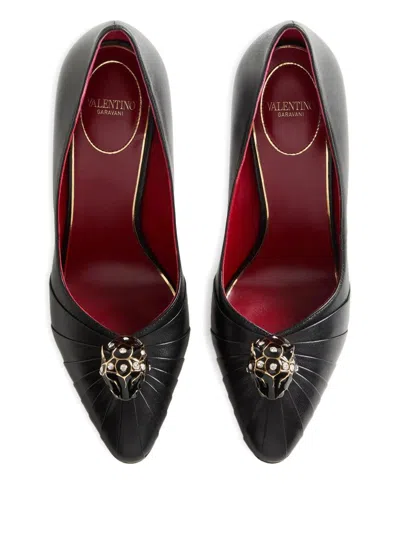 Valentino Garavani Pas De Chat 105 Embellished Gathered Textured-leather Pumps In Black