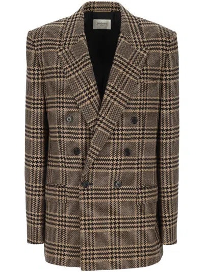 Saint Laurent Brown Double-breasted Jacket With Notched Revers And All-over Check Motif In Wool Woman
