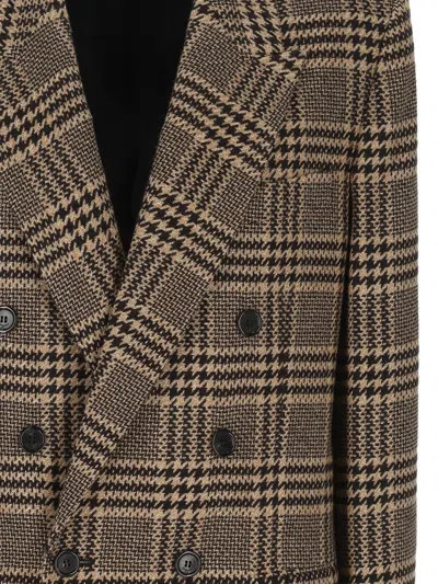 Saint Laurent Brown Double-breasted Jacket With Notched Revers And All-over Check Motif In Wool Woman