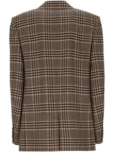 Saint Laurent Brown Double-breasted Jacket With Notched Revers And All-over Check Motif In Wool Woman