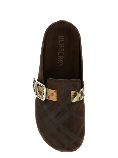 Burberry Strap Patterned Round Toe Rubber Sole Slip-on In Brown