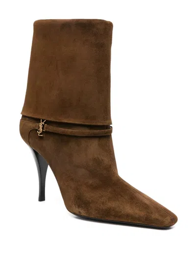 Saint Laurent Niki Suede Ysl Stiletto Ankle Booties In Brown