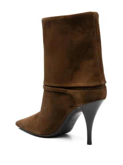 Saint Laurent Niki Suede Ysl Stiletto Ankle Booties In Brown