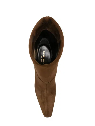 Saint Laurent Niki Suede Ysl Stiletto Ankle Booties In Brown