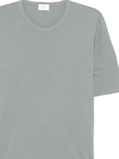 Saint Laurent Tonal Logo Embroidery Cotton T Shirt In Gray