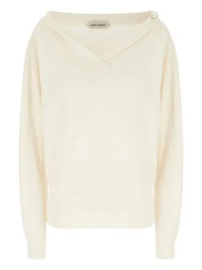 Alberta Ferretti Wool Sweater With Button Detail And Dropped Shoulders In White