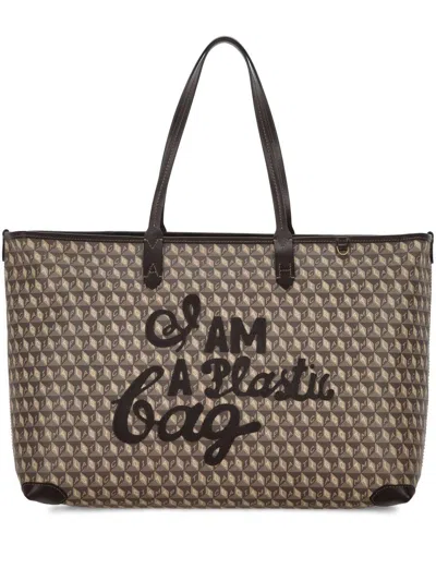 Anya Hindmarch I Am A Plastic Bag Leather-trimmed Coated-canvas Tote In Brown