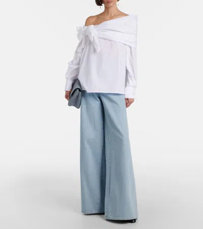 Max Mara Off-the-shoulder Tie-detailed Gathered Cotton-poplin Blouse In Multi