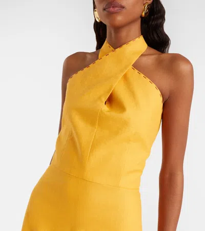 Cala De La Cruz Veneta Floral-appliqué Linen Minidress In Yellow