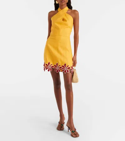 Cala De La Cruz Veneta Floral-appliqué Linen Minidress In Yellow
