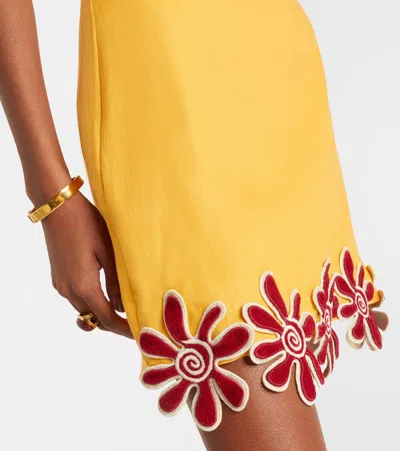 Cala De La Cruz Veneta Floral-appliqué Linen Minidress In Yellow