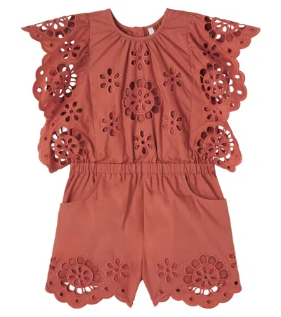 Zimmermann Awaken Embroidered Scalloped Cotton Playsuit In Burgundy