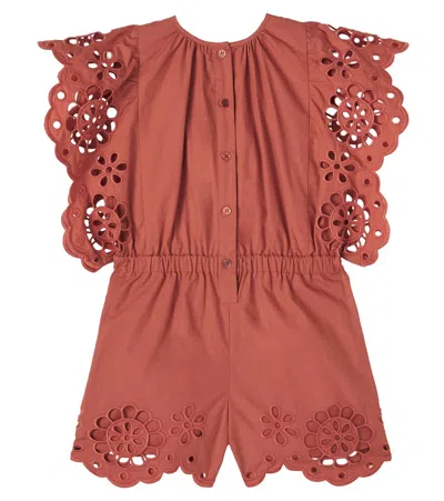 Zimmermann Awaken Embroidered Scalloped Cotton Playsuit In Burgundy