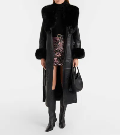 Self-portrait Belted Leather Coat In Black