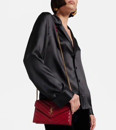 Saint Laurent Cassandre Envelope Leather Wallet On Chain In Burgundy