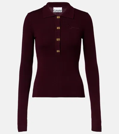 Ganni Wool Polo Sweater In Brown