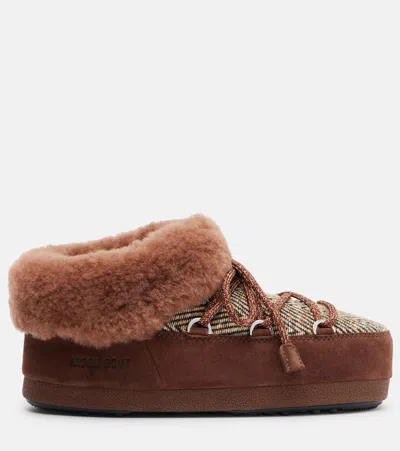Moon Boot X Guest In Residence Suede Shearling-trim Chalet Mules In Brown