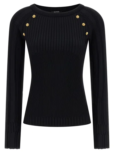 Balmain Sweater Three Buttons Crew Neck Ribbed In Black
