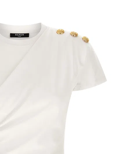 Balmain Cotton T-shirt With Button Detail And Draped Design In White