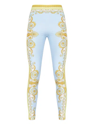 Versace Blue Leggings With All-over Geometric Print In Stretch Fabric Woman In Multi