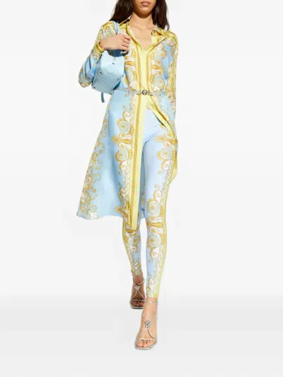 Versace Blue Leggings With All-over Geometric Print In Stretch Fabric Woman In Multi